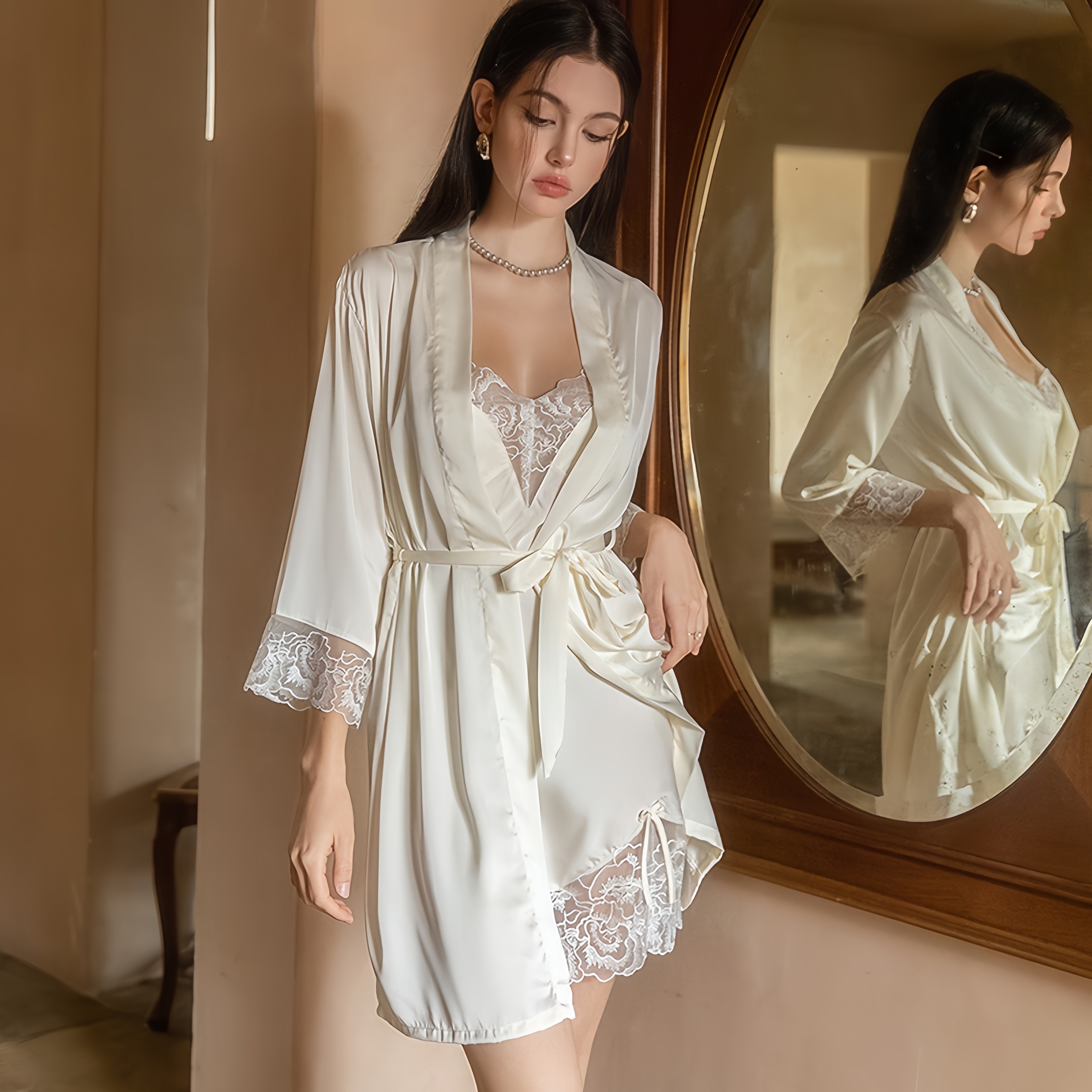 性感真丝睡衣秋季蕾丝V领外套系带高级感修身显瘦带胸垫吊带睡裙