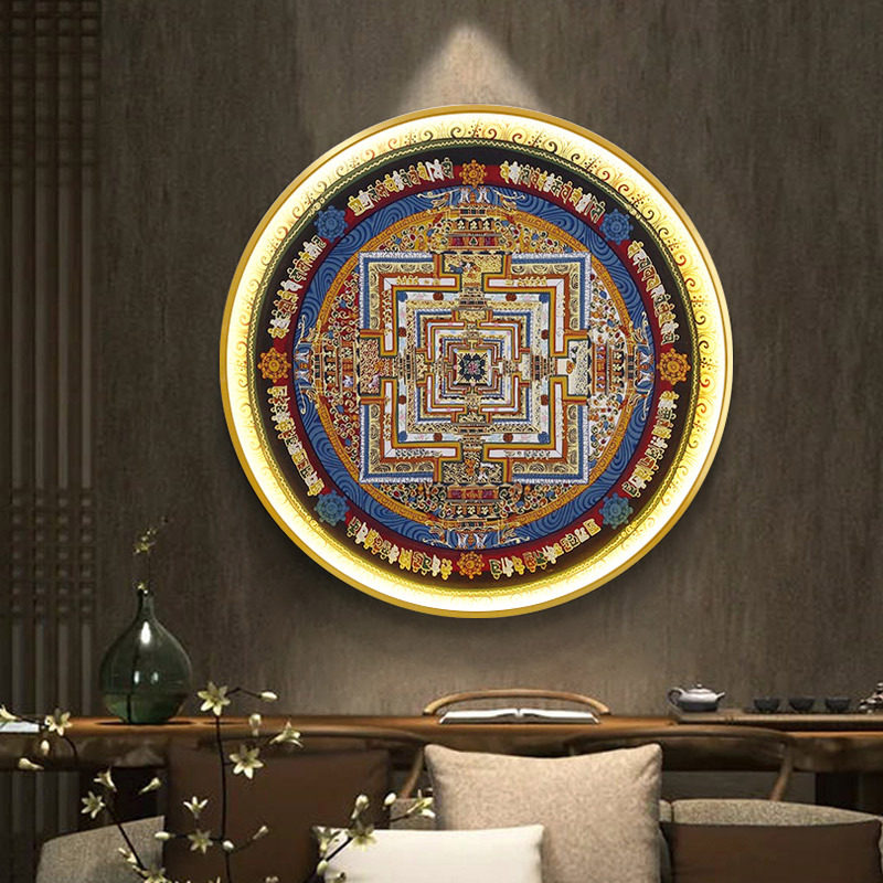 藏式坛城唐卡装饰画发光入户玄关圆形中式LED灯壁画中堂心经挂画