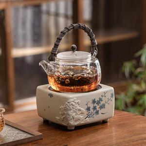 玻璃煮茶壶烧水泡茶壶家用提梁壶耐高温煮茶壶釉下手绘青梅花电陶