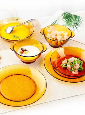 多莱斯进口耐热双耳碗家用饭碗沙拉碗高颜值玻璃餐具盘碟6件套