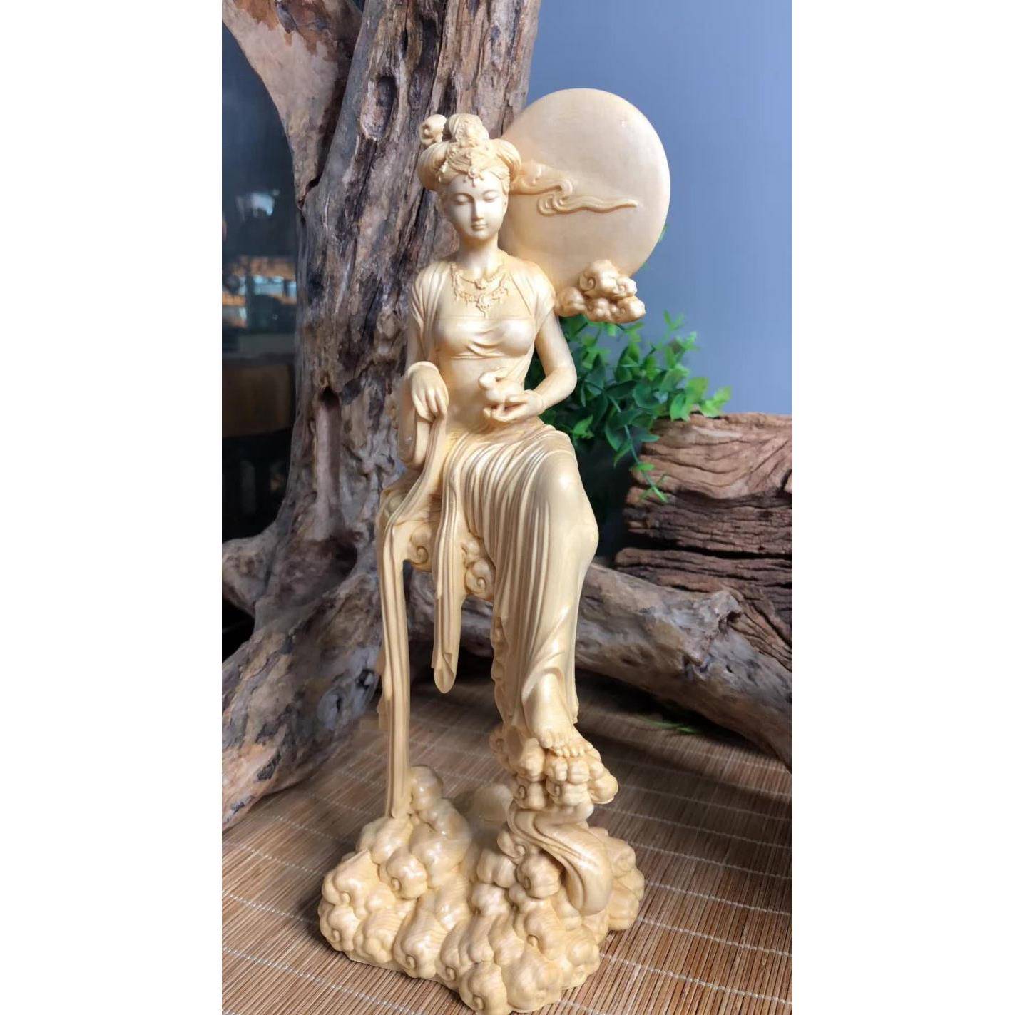 桧木雕大号嫦娥摆件中国风客厅装饰品仕女雕刻木质工艺品