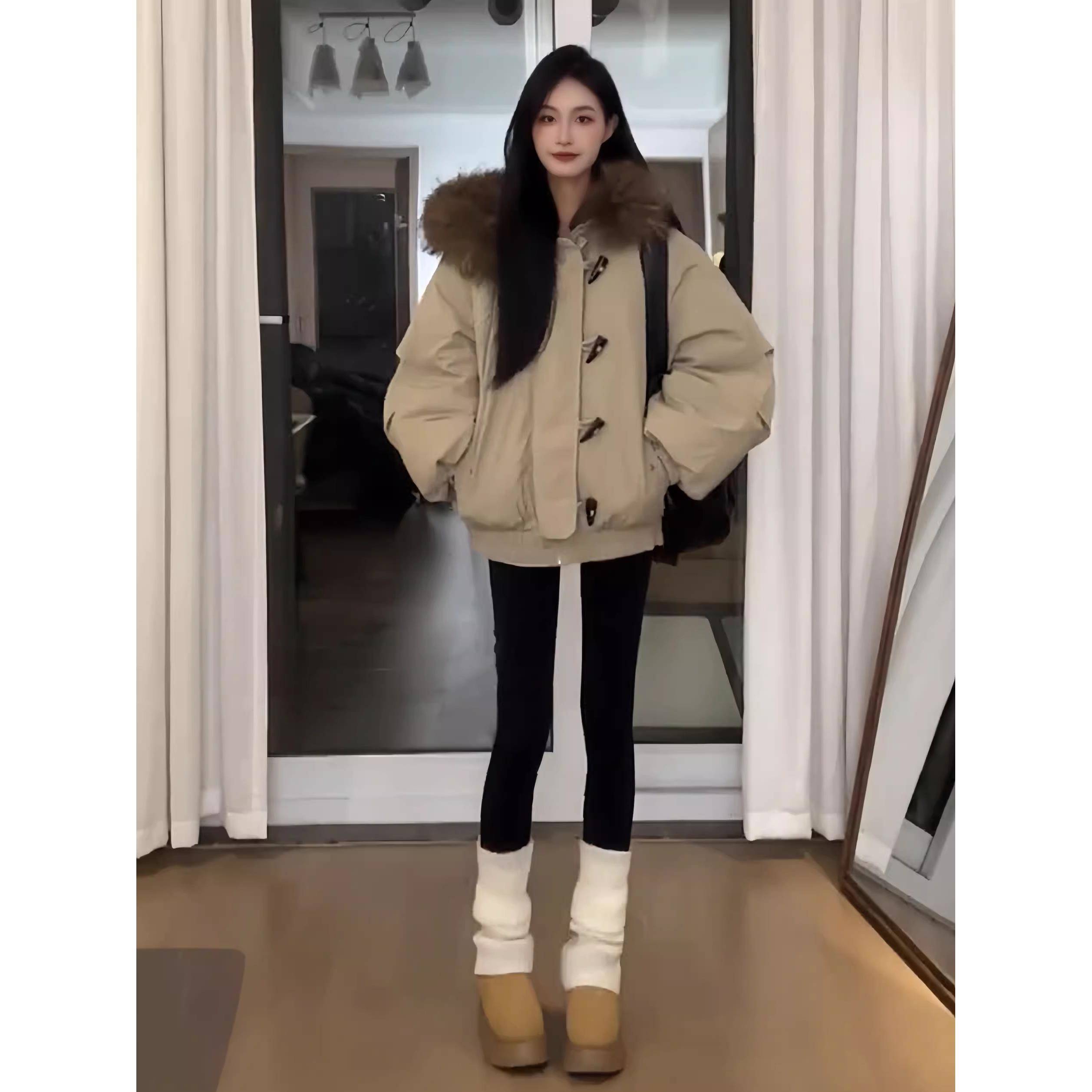 羽绒棉服女大毛领派克服2025冬季新款加厚棉衣复古牛角扣棉袄外套