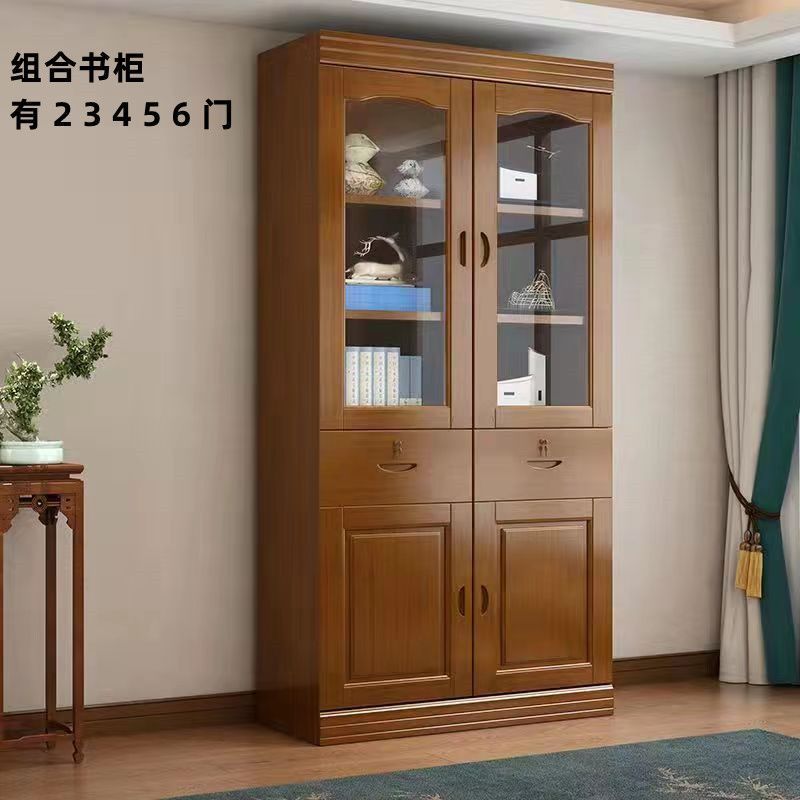 实木书柜三门书柜一体书橱书架组合带玻璃门抽屉带锁现代简约书柜图片