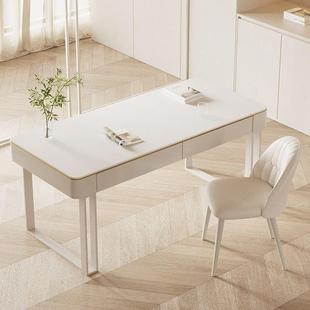 轻奢纯白岩板书桌现代简约小户型卧室奶油风学习桌办公台式电脑桌