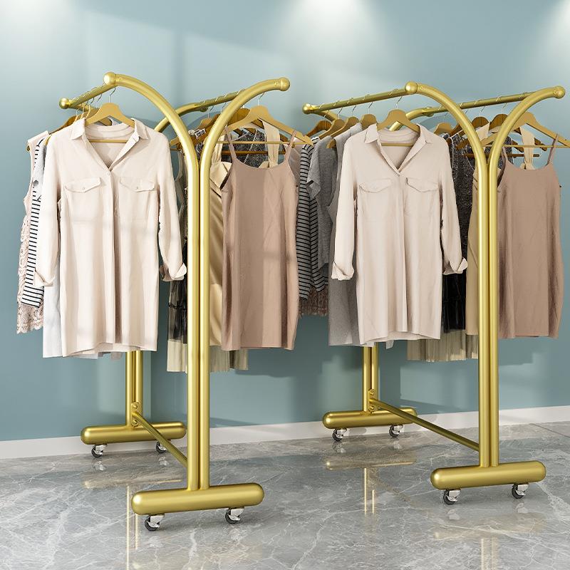 简约服装店双排挂衣架女童装双杆落地展示架中间侧挂货架移动带轮