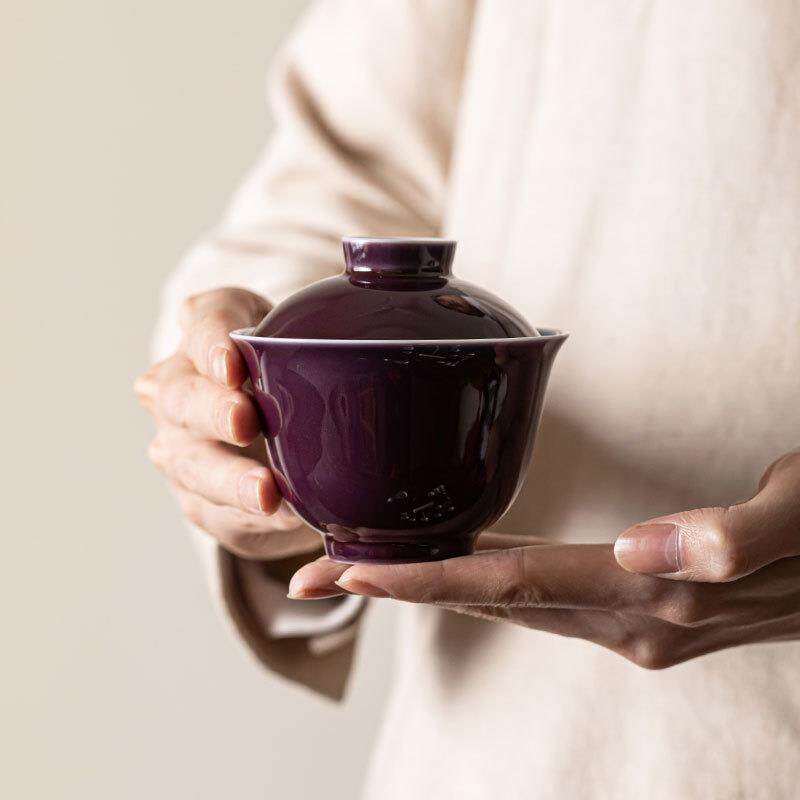 葡萄紫手绘双线盖碗泡茶杯单个家用二才泡茶碗陶瓷不烫手盖碗茶具