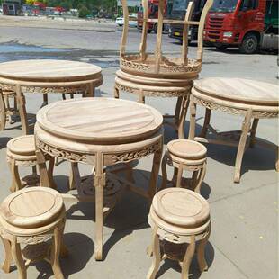 全实木餐桌圆桌白茬仿古圆型形吃饭桌子中式榆木白胚工厂