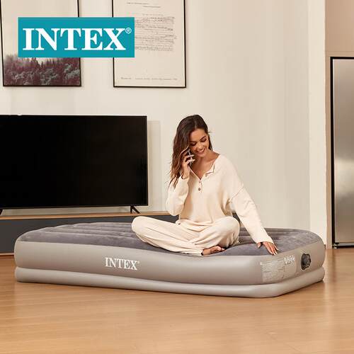 INTEX64112灰色USB内置电泵单人线拉空气床植绒充气床垫