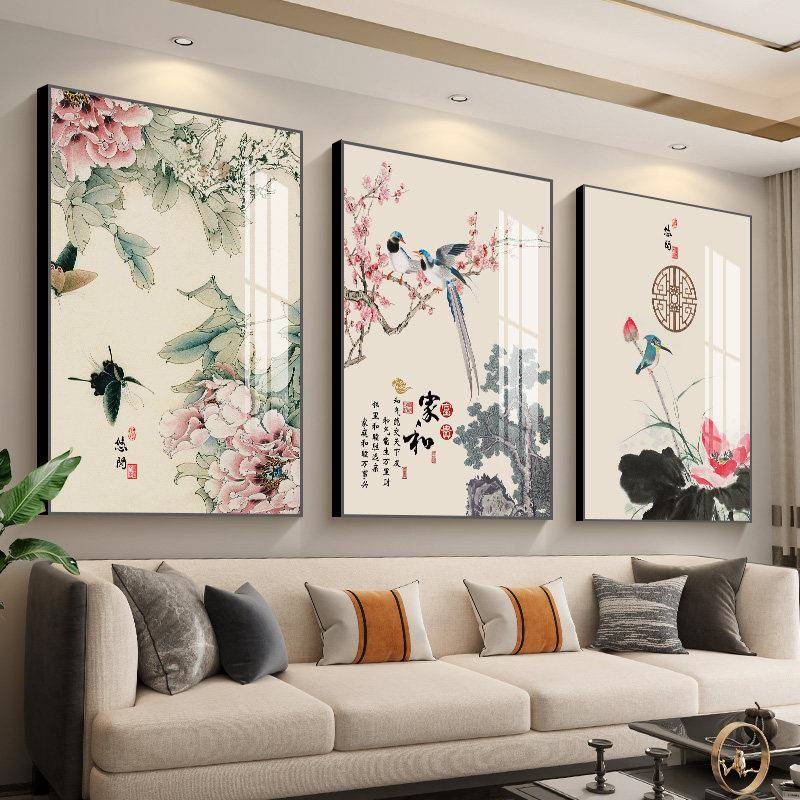 客厅装饰画沙发背景挂画新中式壁画中式山水画三联竖版复古