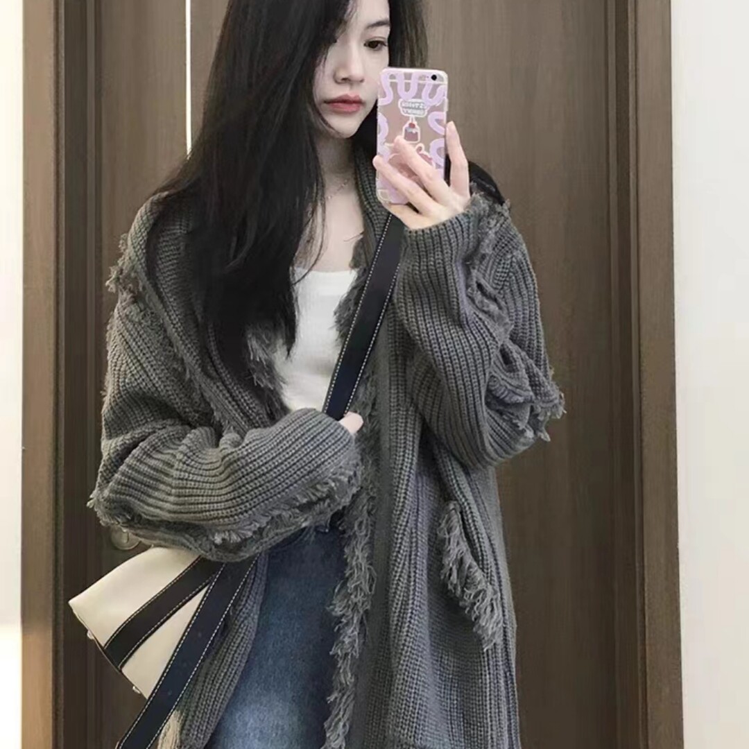 韩系宽松百搭灰色针织毛衣开衫外套女2023秋季设计感软糯休闲上衣