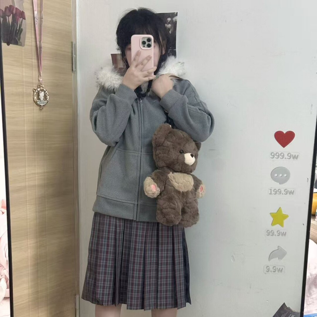 实拍日系学院风针织开衫百褶裙套装女秋冬毛领卫衣外套百搭套装