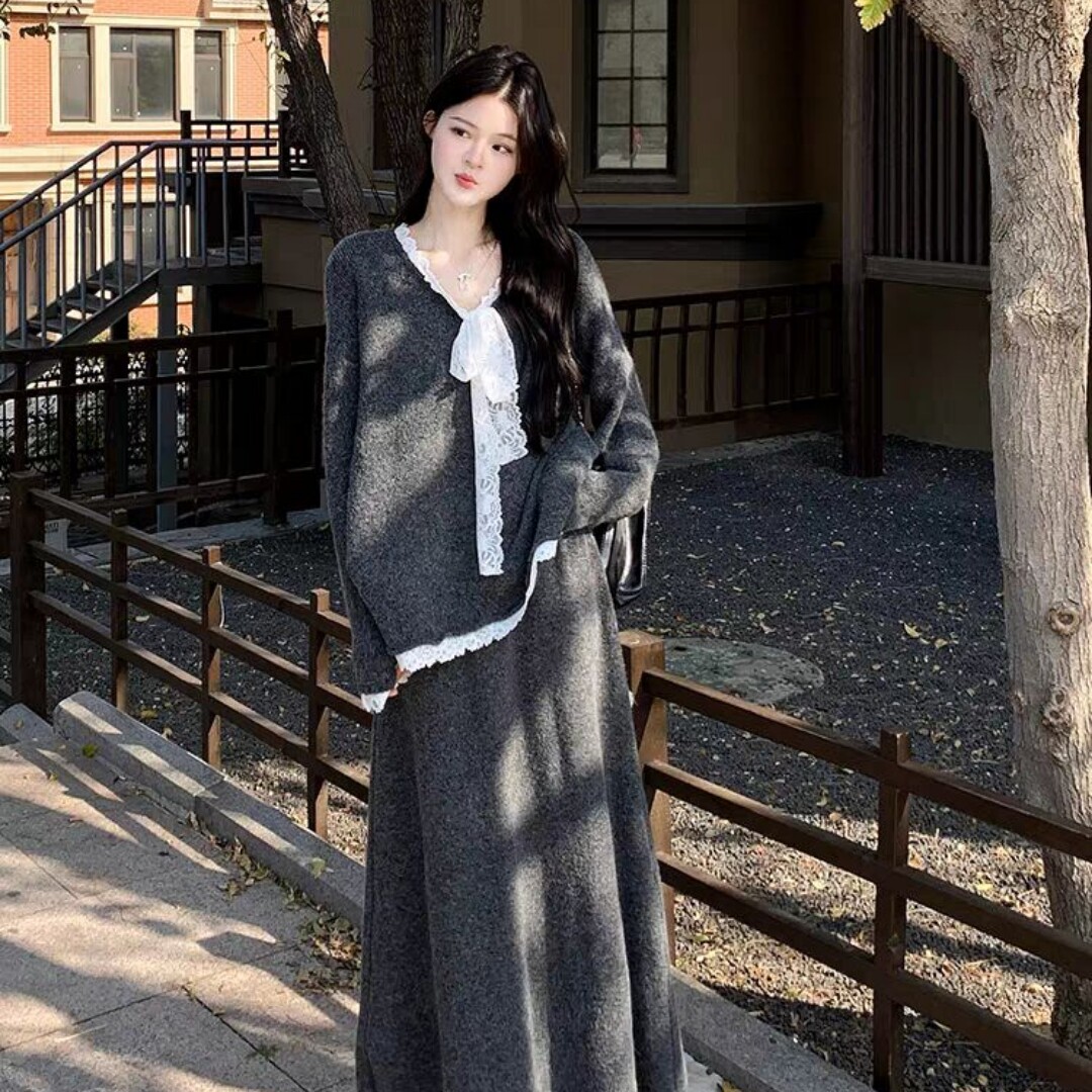 仙女温柔系穿搭秋季套装领蕾丝花边蝴蝶结针织衫半身裙子两件套