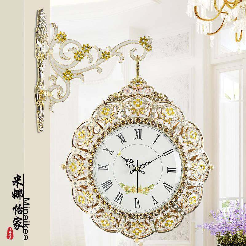 韩式时尚双面挂钟现代客厅大号静音时钟简约创意田园金属石英钟表