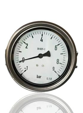 充油抗振轴向压力真空表不锈钢加液注油无边YBN100Z-1~9barG1/2