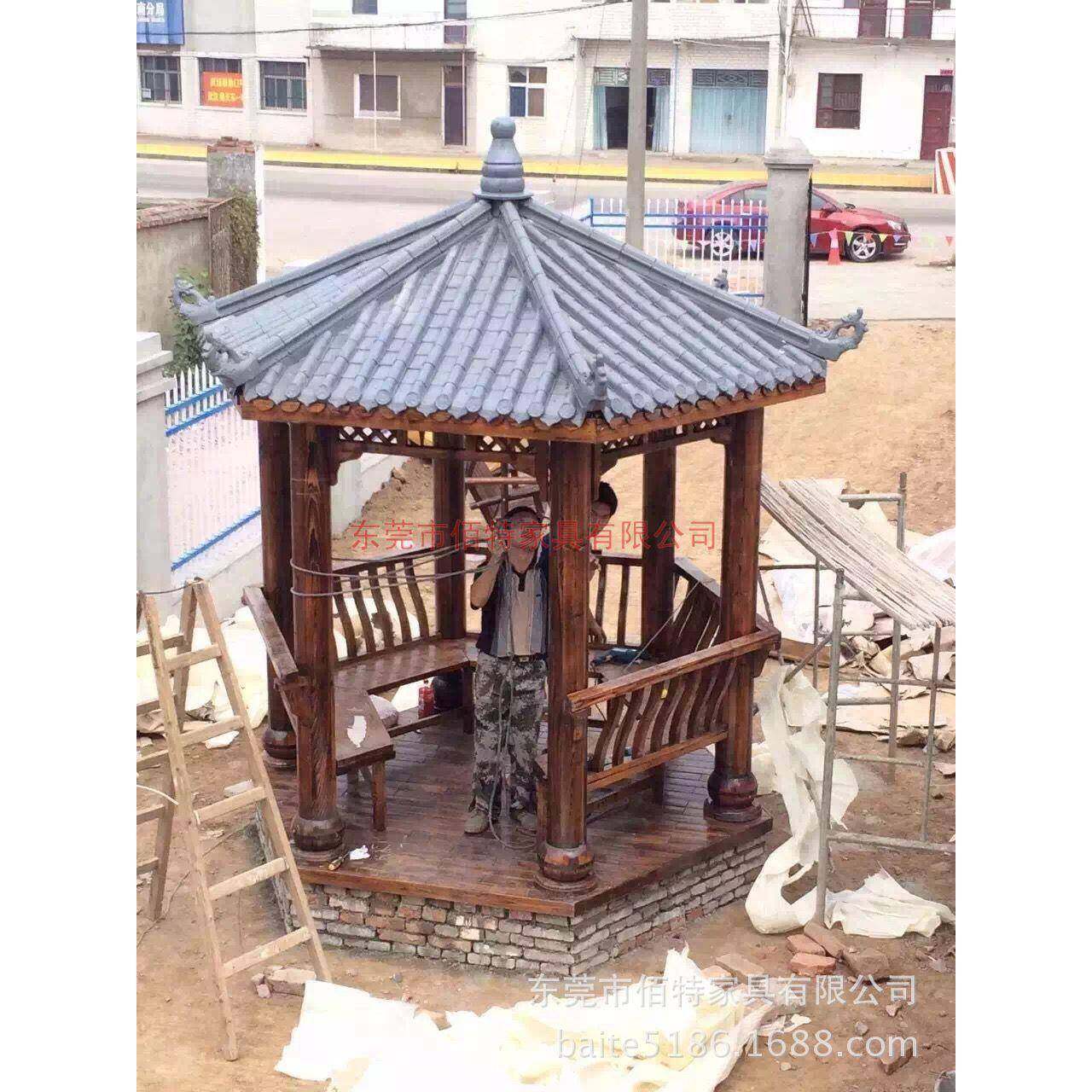 供应树脂瓦喷沙瓦面户外樟子松木实木凉亭