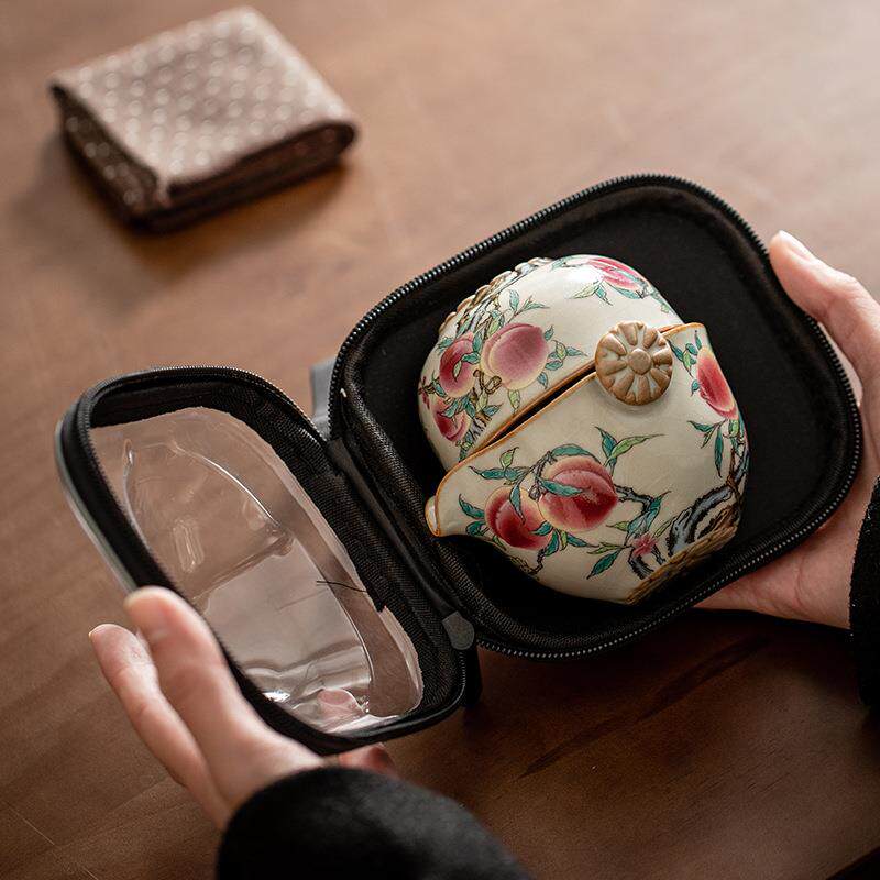 汝窑寿桃旅行茶具户外露营一壶三杯手抓壶小套装便携式车载快客杯