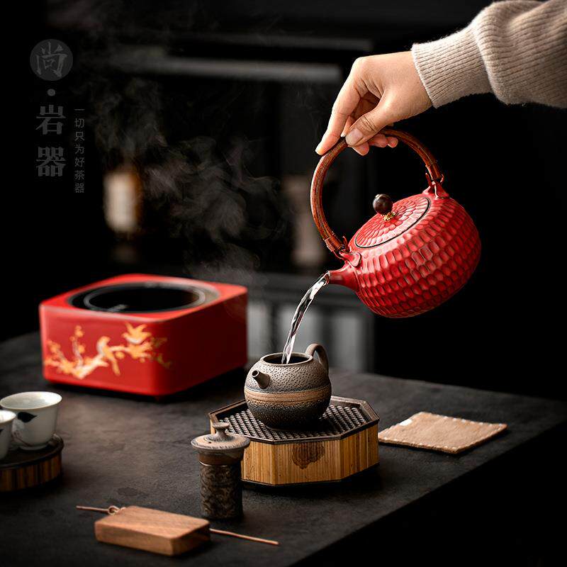 家用红色提梁壶粗陶茶壶带过滤单壶电陶炉煮茶壶全套围炉煮茶器