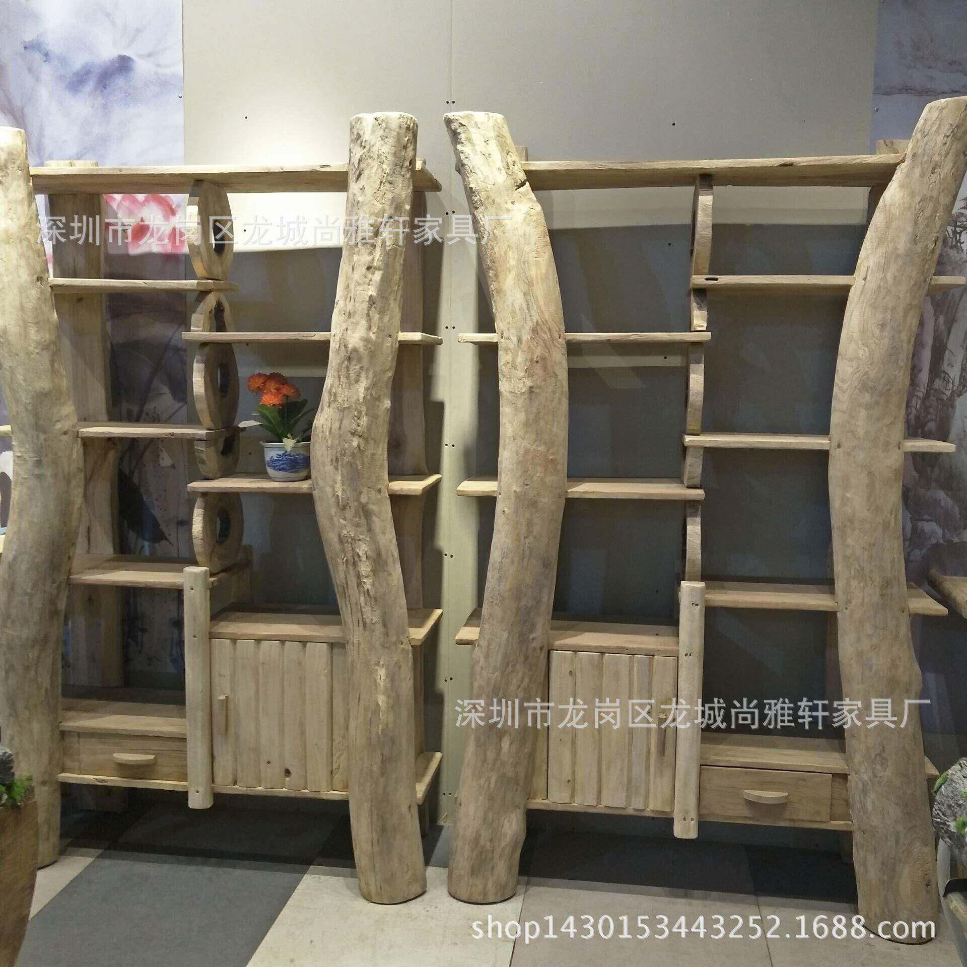 原木家具樟木博古架客厅隔断创意木圈实木隔板摆件展示架免漆做旧