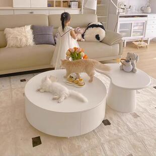 奶油风白色腰果圆形茶几电视柜组合小户型客厅家用轻奢现代简约