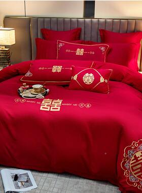 房凤中式纯床婚棉龙刺绣大红色婚庆纯棉婚四件套婚新婚CTT床上用