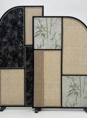 复屏MTQ客厅古组酒合民宿店藤编竹子图案装饰风雅舍中古屏风复古