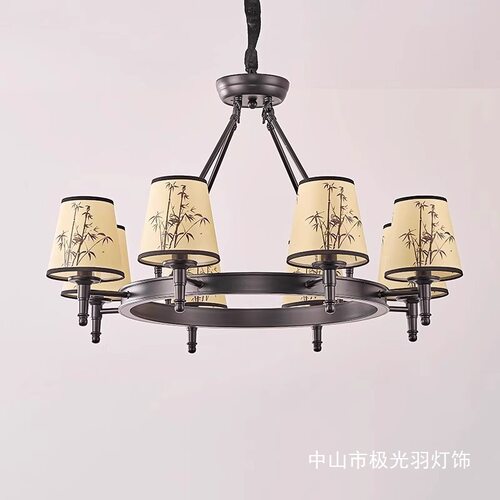 新中式客厅灯宋代美学圆形胡桃木彩绘竹叶山水风餐厅全铜茶室吊灯