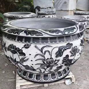 式仿古青石雕水刻别墅庭院0905荷花浮雕中鱼缸户外流水摆件缸水景
