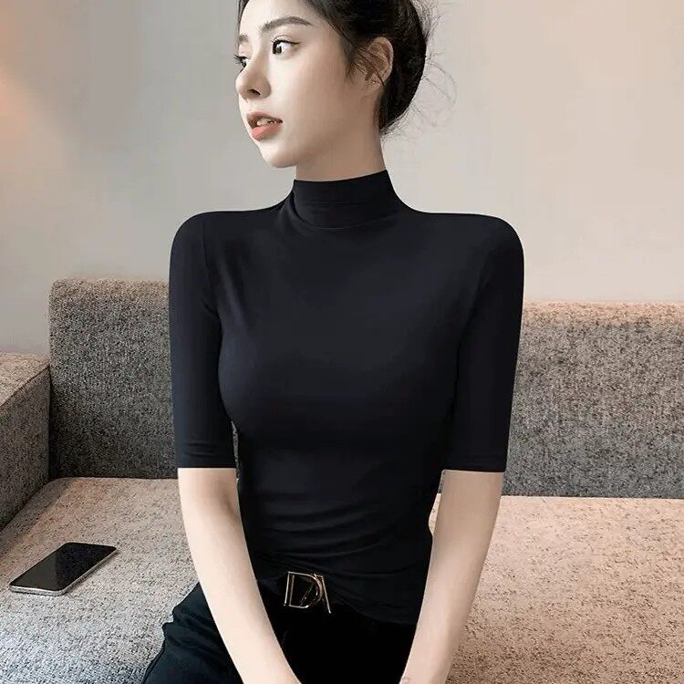 【专柜正品】半高领中袖五分袖t恤女春夏季高档打底衣服女式短袖