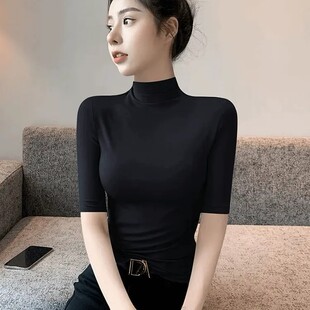 【专柜正品】半高领中袖五分袖t恤女春夏季高档打底衣服女式短袖