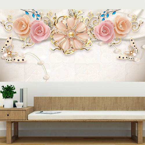 粉色玫瑰蝴蝶墙贴卧室客厅电视背景装饰贴画整张墙纸自粘