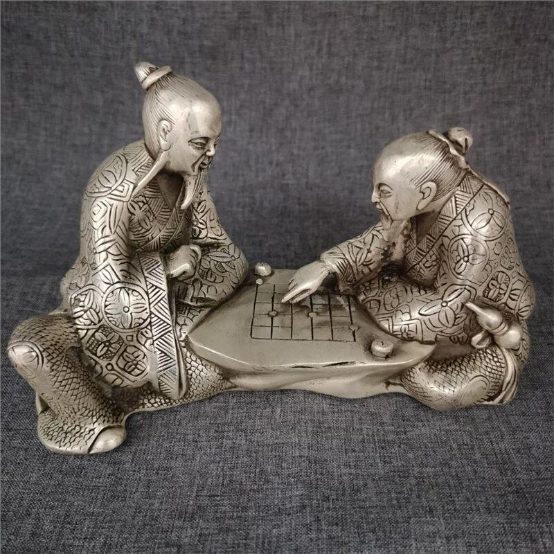 古玩铜器收藏白铜老人下棋摆件古铜器做工精湛形制端正!