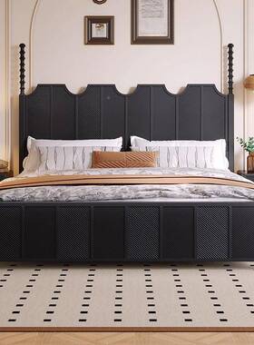 式法雕花实木床黑色简约SWY现代1.8米1.5单双人床中风古美式硬婚