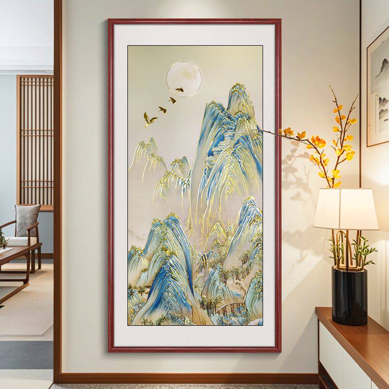浮雕描金千里江山竖版青绿山水画中式入户玄关装饰画走廊过道壁画