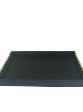 新中收式轻奢木皮革长方形托盘店客厅样PS168酒板间纳盘软装饰品