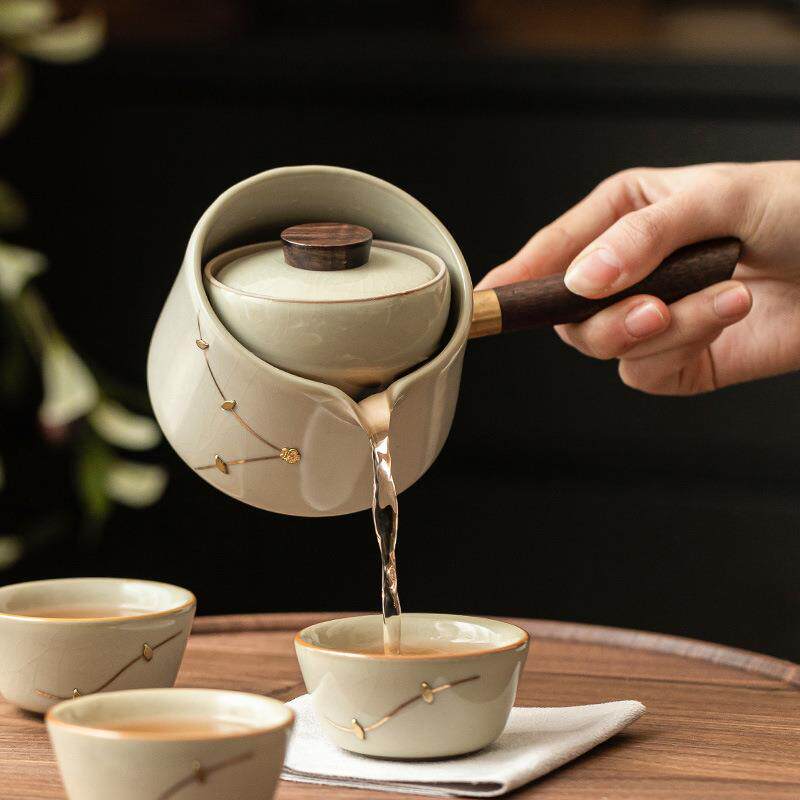 御黄汝窑锔钉侧把壶中式陶瓷茶壶泡茶家用一壶三杯户外便携不烫手