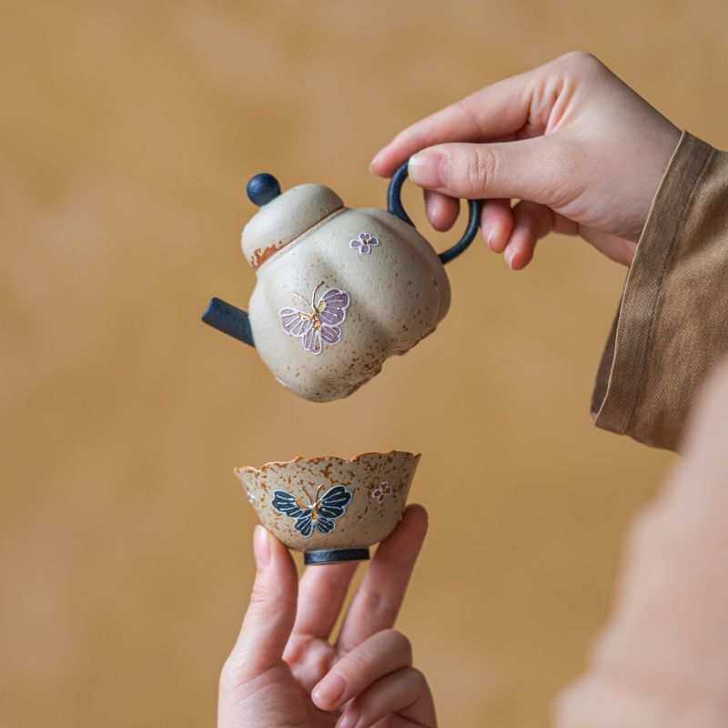 青花火石红幻色蝶南瓜壶旅行茶具套装便携式一壶一杯茶具收纳袋