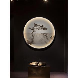 山水玄关软装竹子过茶室松树发光入户新中式装饰画道圆形带灯挂画
