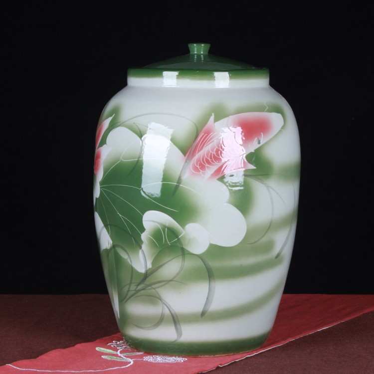 景德镇陶瓷米缸酒坛 手绘颜色釉浅雕荷花陶瓷酒坛 家居收藏摆件