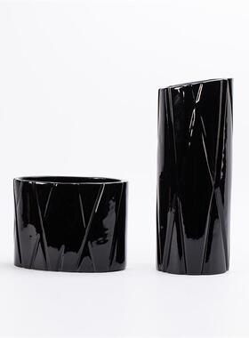 Drch代in现斜纹交叉拼接蓝系洞列黑色花器椭圆款样a板房GEU客厅茶