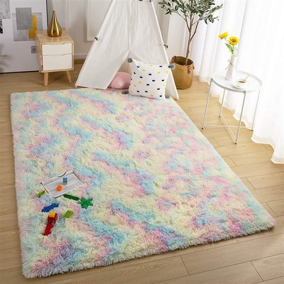 长毛扎染印花PV绒地毯儿童房满铺丝毛客厅书房飘窗床边卧室地垫