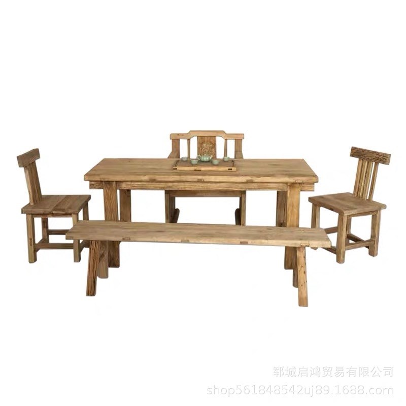 老榆木旧门板 茶桌椅组合 吧台桌面茶台泡茶 复古餐桌风化木