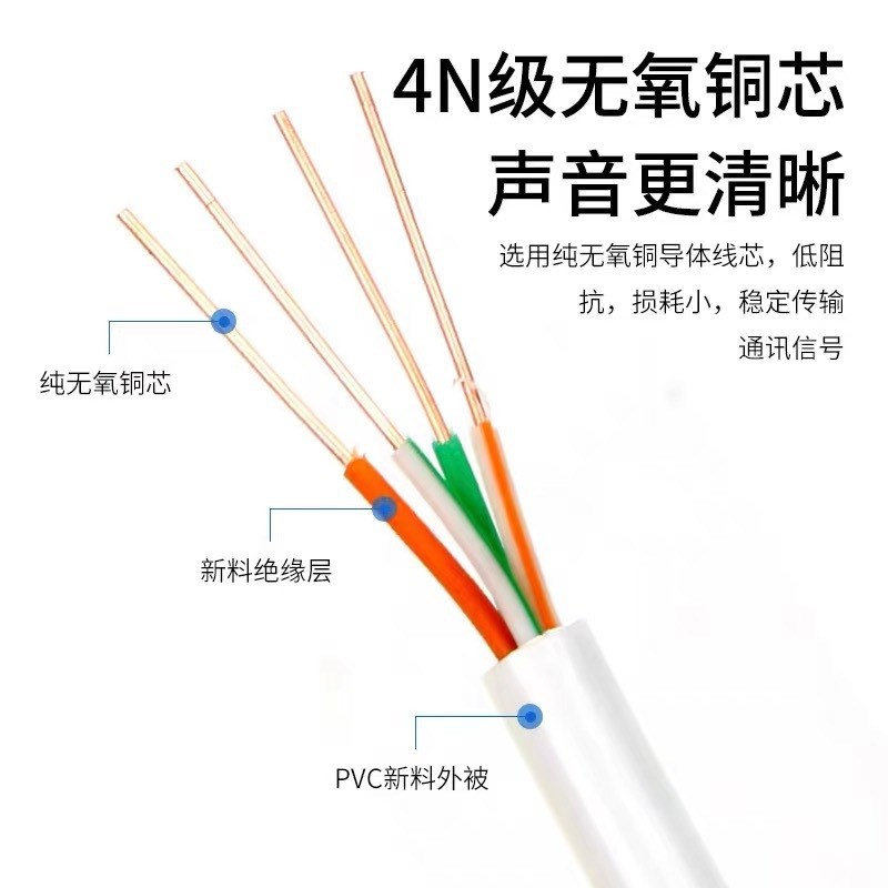 无氧铜HYV电话线二芯四芯HYA通讯线缆工程白色室内圆形RJ11/200米