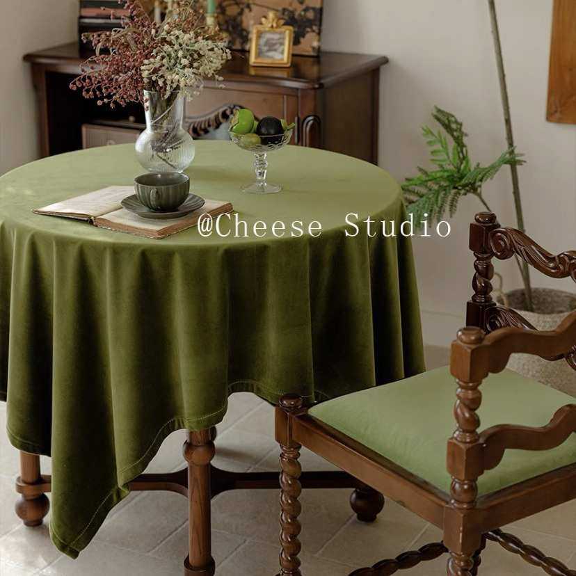 橄榄绿色桌布法式复古美式轻奢风天鹅绒布咖啡店台布家用餐桌布