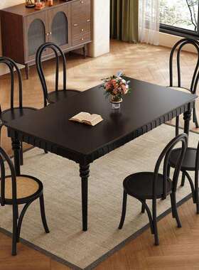 黑色餐桌法式实木餐桌椅组合长方形小户型家用2024新款中古风餐桌