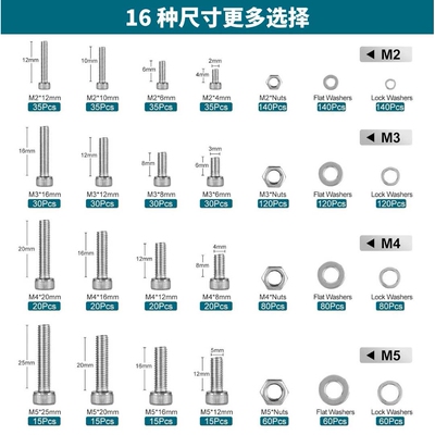 跨境1600pcs304不锈钢DIN912内六角圆柱头杯头螺栓M2—M5盒装套件