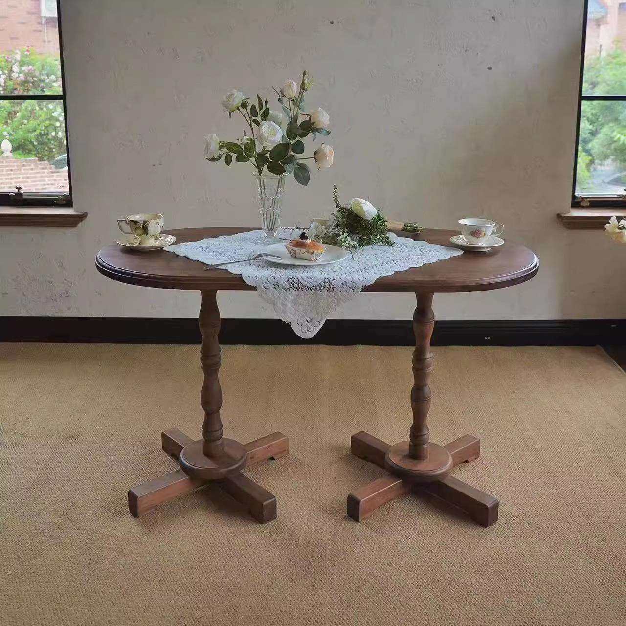 简餐桌子茶几实木椭圆长桌法式咖啡角布置个性多功能方圆茶桌边几