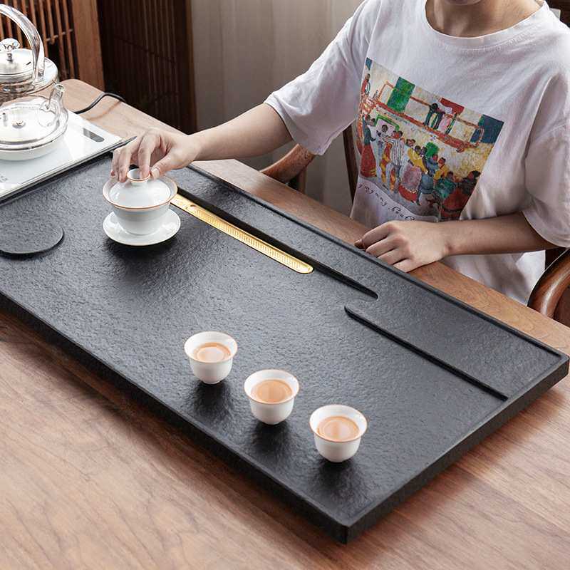 乌金石茶盘干泡茶具小茶海家用简约办公现代客厅茶桌镶嵌天然原石