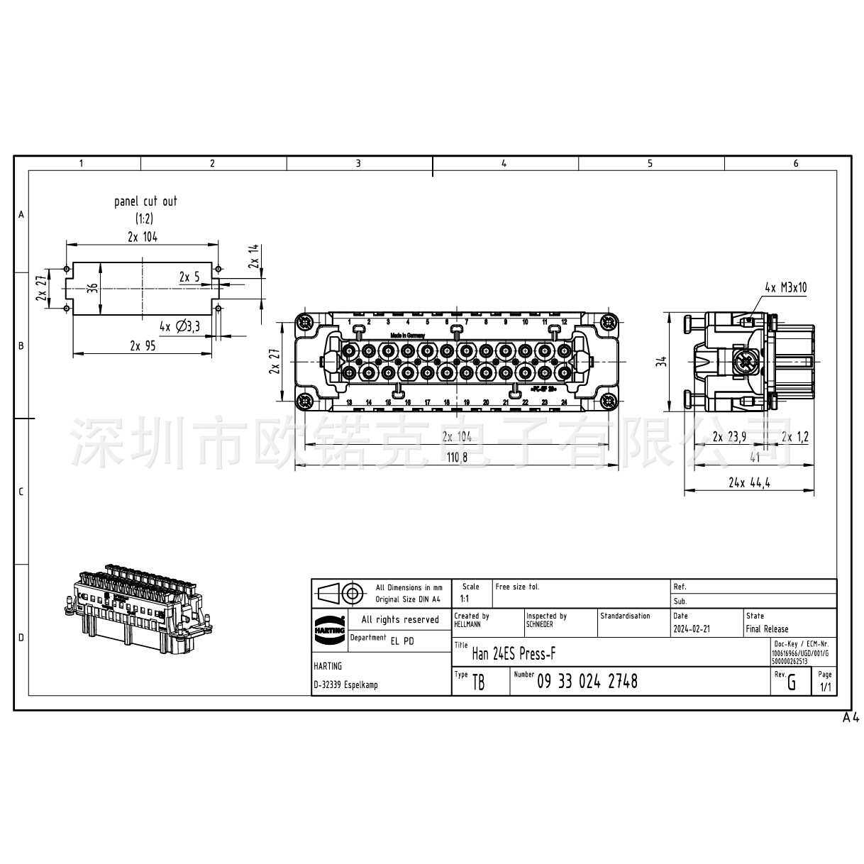 HARTING哈丁09330242748浩亭矩形连接器单体插芯笼式弹片接线