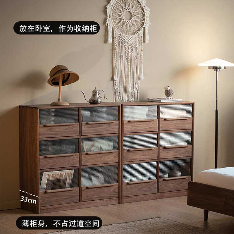 北欧黑胡桃全实木书柜置物柜现代简约格子边柜收纳柜储物柜杂志柜