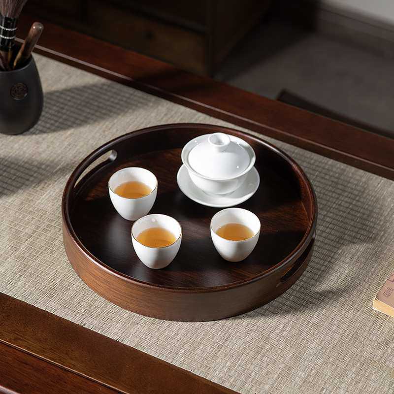 竹制茶托盘简约复古干泡盘家用茶几茶奉收纳盘圆形茶盘茶壶茶杯架